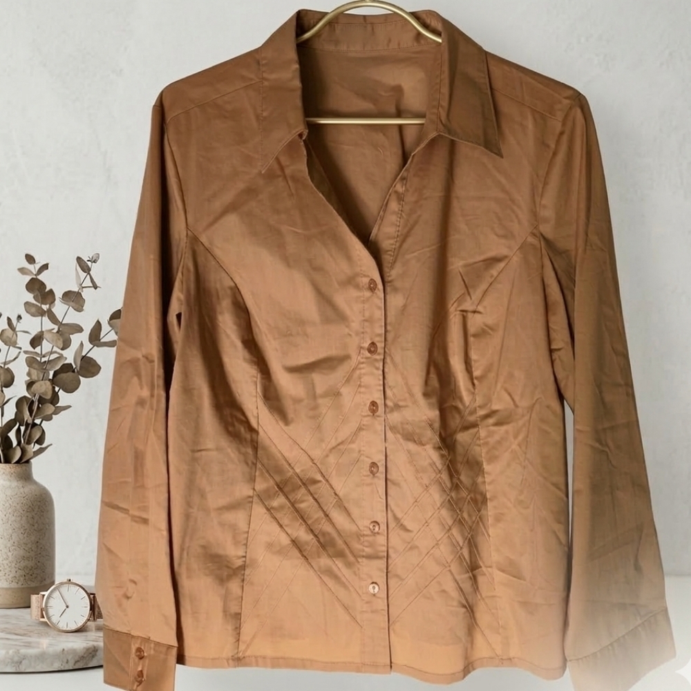 FDJ‎ French Dressing 16 Khaki Pleated Button Down Blouse Tan Pin Tuck Stretch